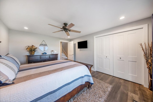 bedroom featuring a closet, recessed lighting, a ceiling fan, and wood finished floors