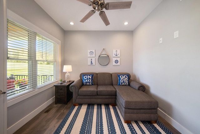 living room with recessed lighting, ceiling fan, baseboards, and wood finished floors