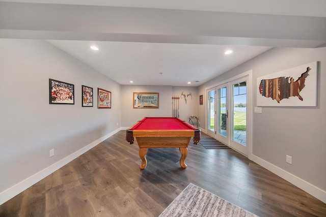 game room with recessed lighting, baseboards, wood finished floors, and billiards