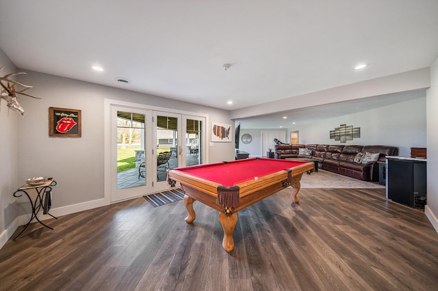 playroom with visible vents, billiards, wood finished floors, french doors, and baseboards