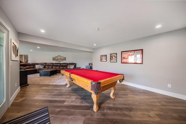 playroom featuring recessed lighting, billiards, baseboards, and wood finished floors