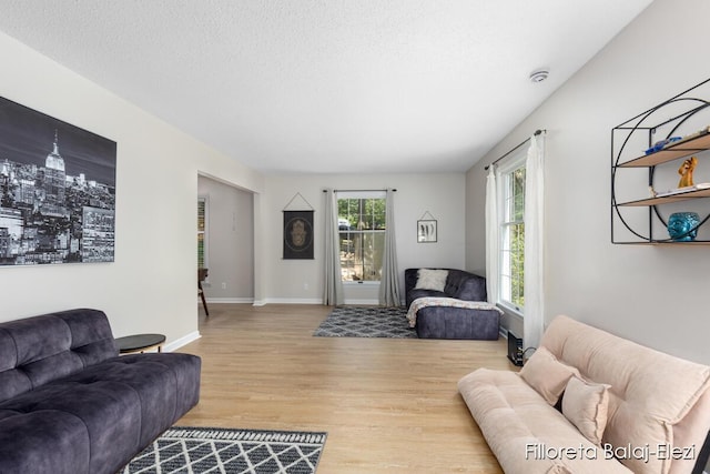 living room featuring baseboards, a textured ceiling, and wood finished floors