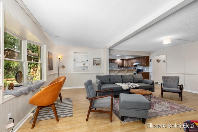 living area featuring light wood-style flooring, a textured ceiling, and baseboards