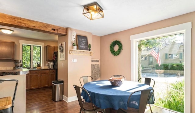 dining area featuring baseboards and dark wood-style flooring