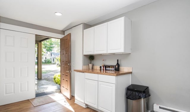 interior space featuring a baseboard radiator, light wood-style floors, and dishwasher