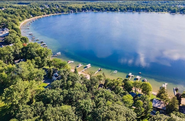 drone / aerial view featuring a view of trees and a water view