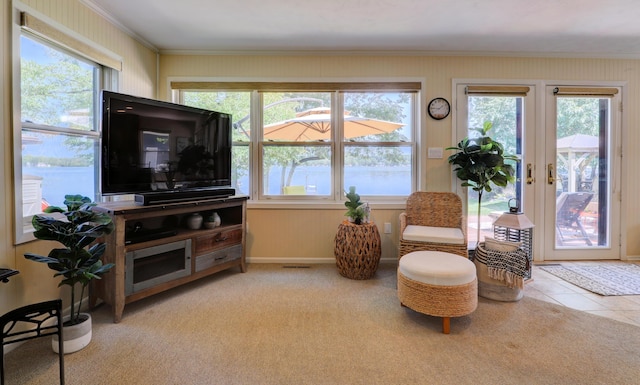 living area featuring tile patterned flooring, baseboards, carpet floors, and ornamental molding