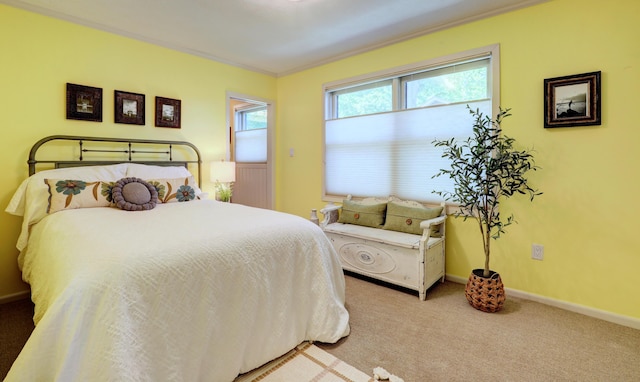 bedroom with baseboards, carpet, and ornamental molding