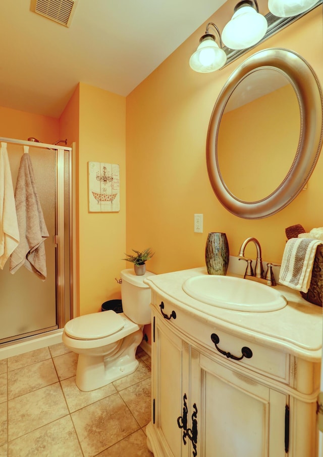 full bath with visible vents, a shower stall, toilet, tile patterned floors, and vanity