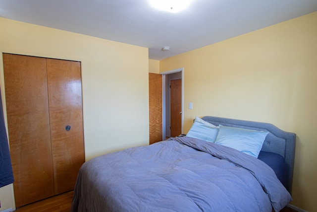 bedroom with dark wood finished floors and a closet