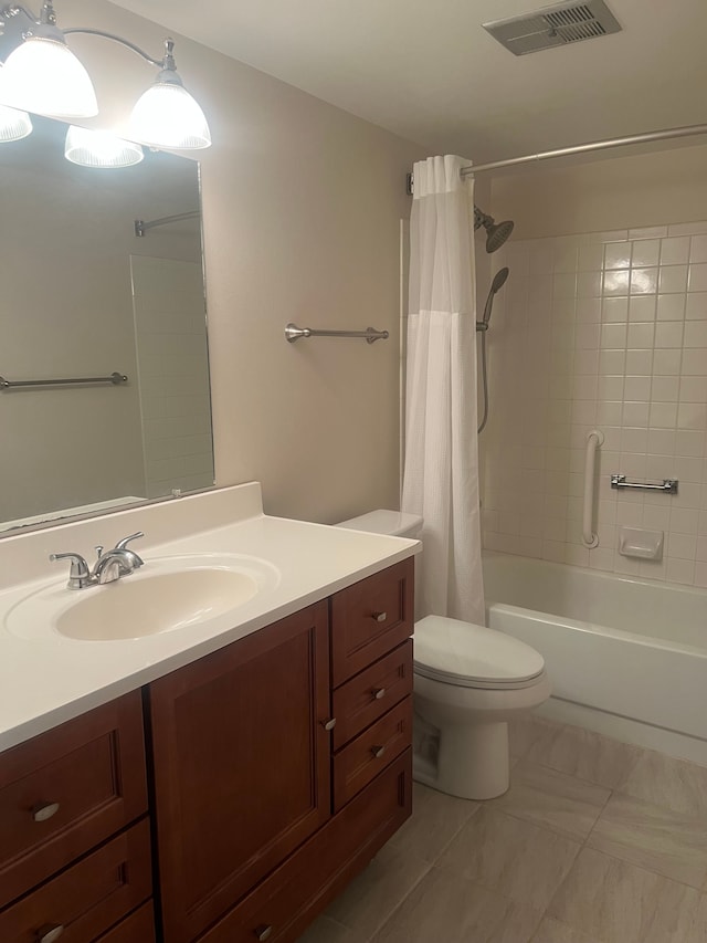 full bath with vanity, toilet, visible vents, and shower / tub combo with curtain