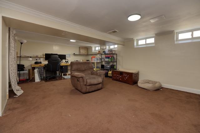 interior space featuring visible vents, carpet floors, and ornamental molding