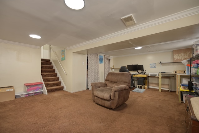 finished basement with crown molding, stairway, visible vents, and carpet floors