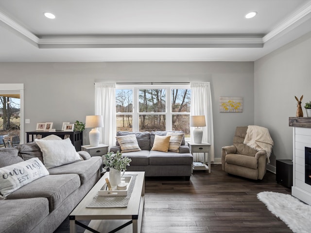 living area with baseboards, recessed lighting, a fireplace, dark wood-style floors, and a raised ceiling