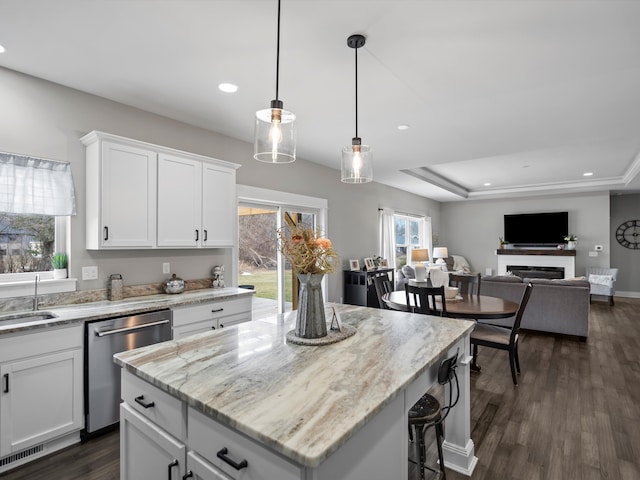 kitchen with a kitchen island, a fireplace, dark wood-type flooring, stainless steel dishwasher, and open floor plan