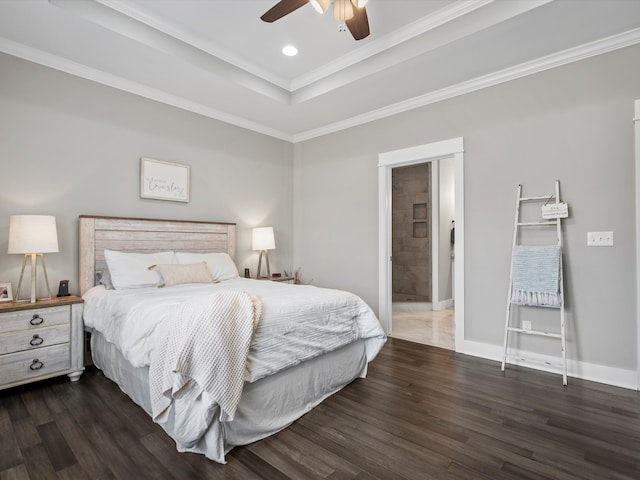 bedroom featuring recessed lighting, baseboards, ornamental molding, and dark wood-style flooring