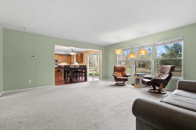 living area featuring baseboards and carpet floors