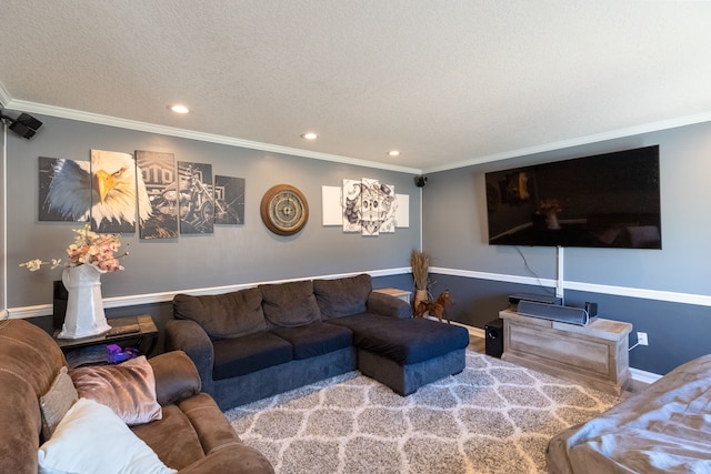 living room featuring ornamental molding, recessed lighting, baseboards, and a textured ceiling