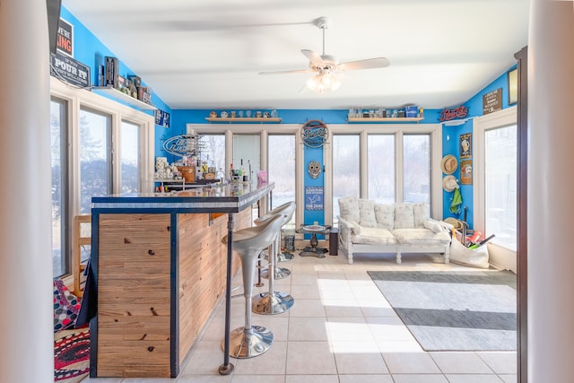 bar featuring tile patterned floors, plenty of natural light, and a bar