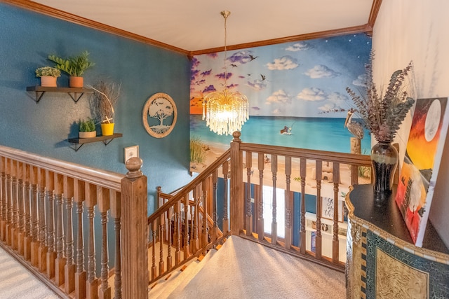 stairway with a notable chandelier, carpet flooring, and ornamental molding