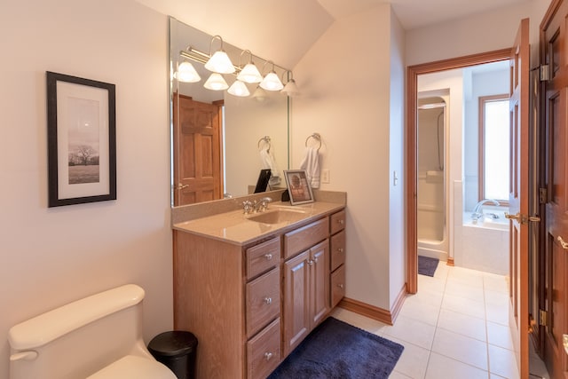 bathroom with vanity, a shower with shower door, tile patterned flooring, toilet, and a washtub