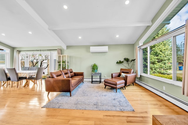 living room with a baseboard radiator, wood-type flooring, and a wall unit AC