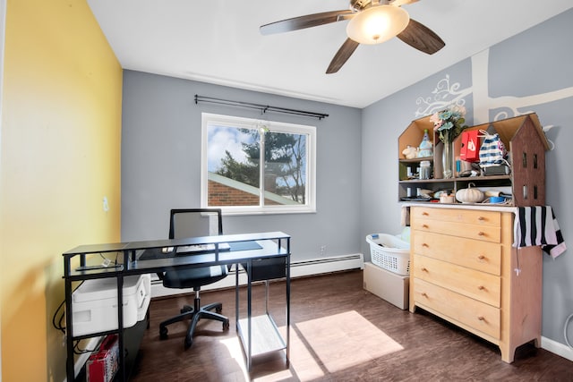 office with dark wood-type flooring, baseboards, baseboard heating, and ceiling fan