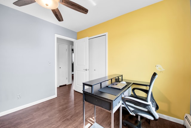 home office with a baseboard heating unit, wood finished floors, baseboards, and ceiling fan