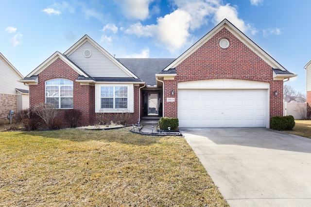 single story home featuring brick siding, a garage, concrete driveway, and a front lawn