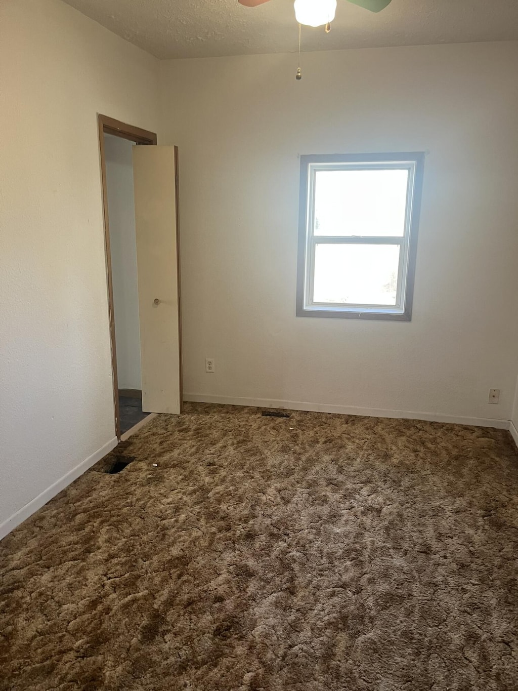 unfurnished room featuring ceiling fan, baseboards, carpet floors, and a textured ceiling