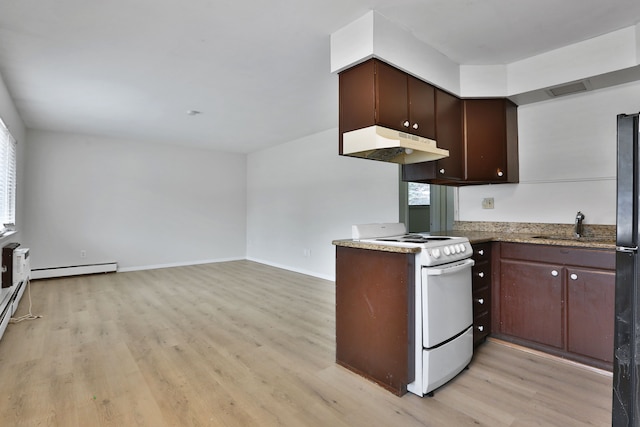 kitchen featuring baseboards, under cabinet range hood, light wood-style flooring, white electric range oven, and a sink