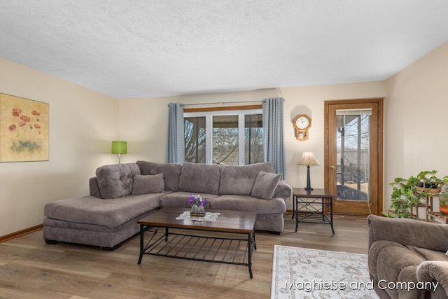 living area featuring a textured ceiling, baseboards, and wood finished floors