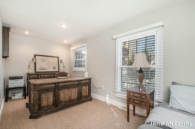 home office with light carpet, plenty of natural light, recessed lighting, and baseboards