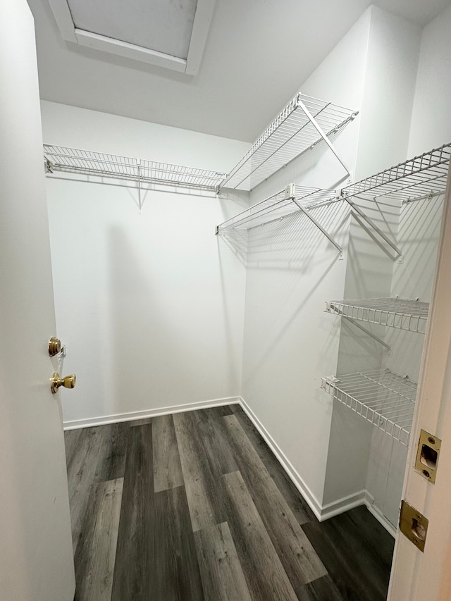 spacious closet featuring dark wood-style floors and attic access