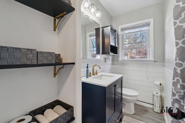 bathroom featuring a wainscoted wall, toilet, wood finished floors, and vanity