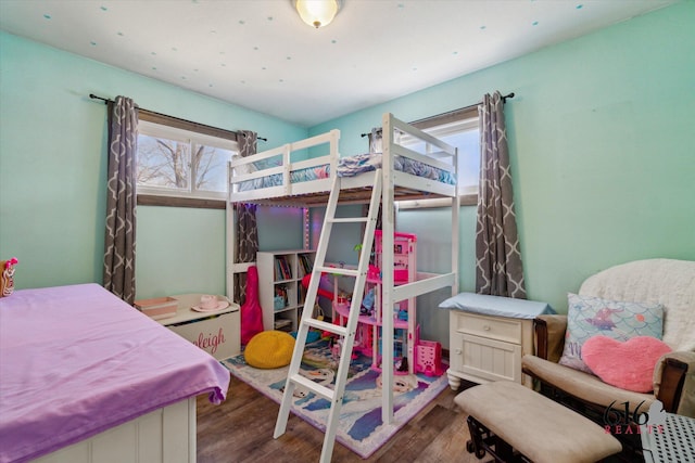 bedroom featuring multiple windows and wood finished floors