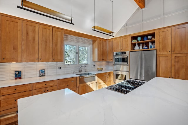 kitchen with open shelves, appliances with stainless steel finishes, brown cabinetry, decorative backsplash, and vaulted ceiling with beams