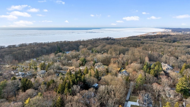 bird's eye view with a forest view and a water view