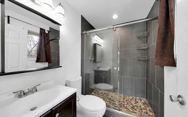 bathroom featuring toilet, a stall shower, and vanity