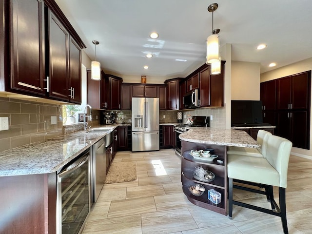 kitchen featuring open shelves, tasteful backsplash, stainless steel appliances, wine cooler, and light stone countertops