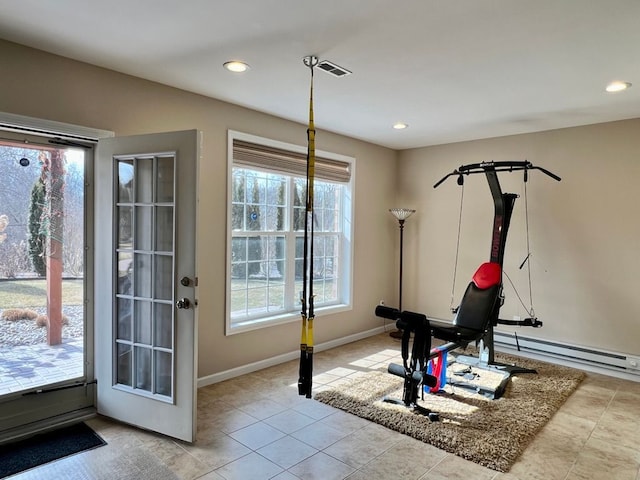 exercise room with recessed lighting, visible vents, and light tile patterned floors