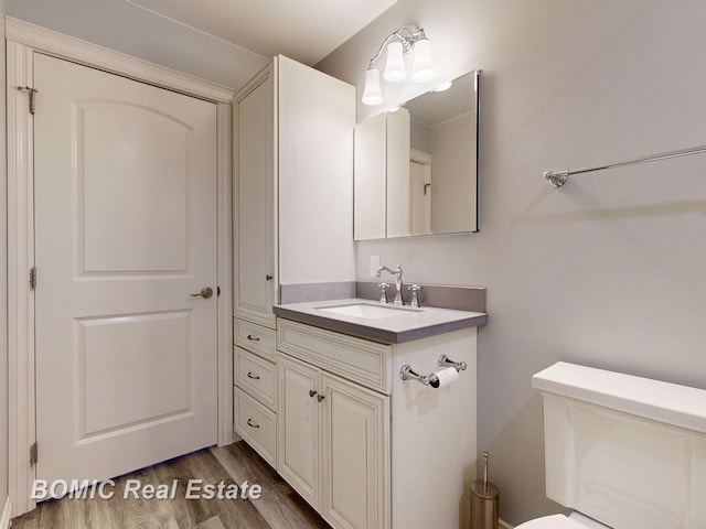 bathroom with toilet, vanity, and wood finished floors