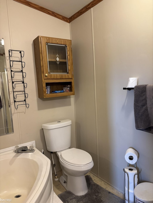 bathroom featuring a sink, toilet, and ornamental molding