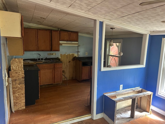 kitchen with brown cabinetry, under cabinet range hood, wood-type flooring, crown molding, and decorative light fixtures