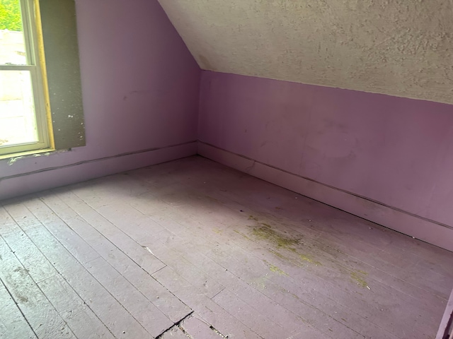 bonus room featuring lofted ceiling, a textured ceiling, and wood finished floors