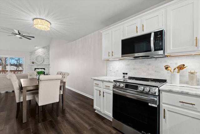 kitchen with a stone fireplace, dark wood-type flooring, appliances with stainless steel finishes, white cabinetry, and tasteful backsplash