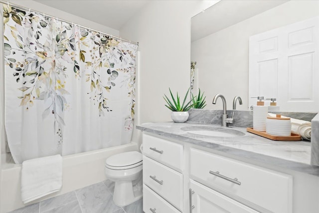 full bath with vanity, toilet, and shower / bath combo with shower curtain