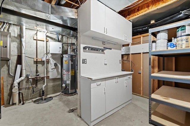 unfinished below grade area featuring electric panel and water heater