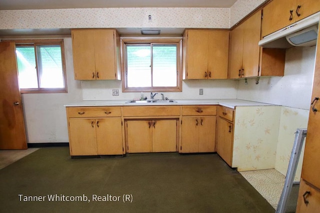 kitchen with under cabinet range hood, wallpapered walls, light countertops, and a sink