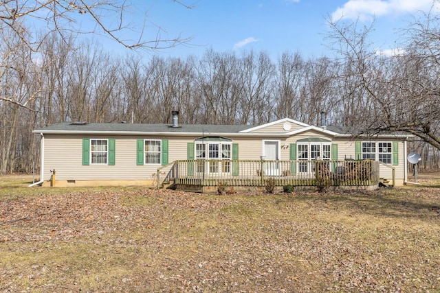 rear view of house with crawl space and a wooden deck